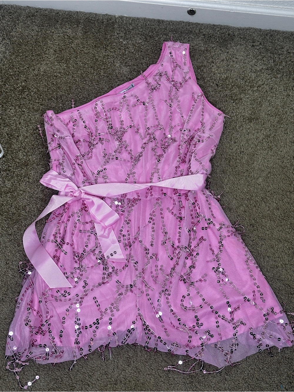 Girls' Pink One-Shoulder Sequin Romper with Satin Waist Tie